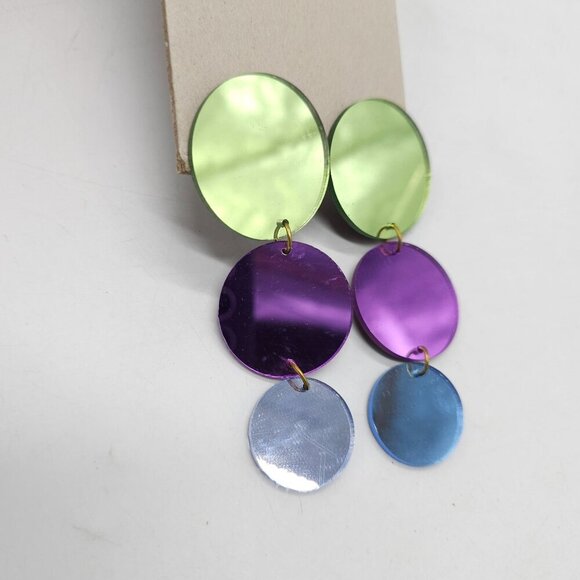 Vintage 1980s Green Purple Blue Acrylic Disc Dangle Earrings Clip-On Retro - Picture 2 of 7